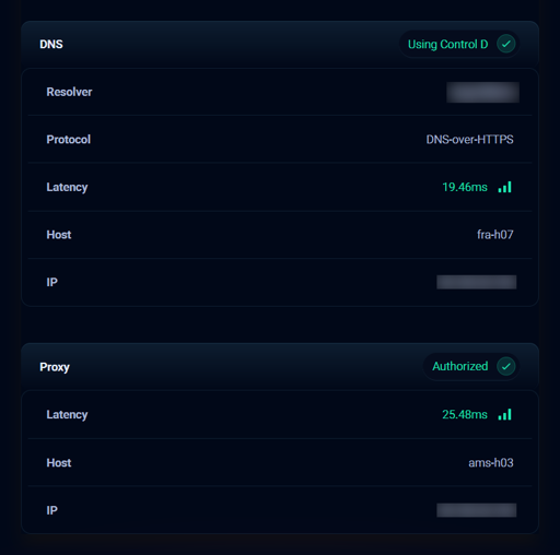 Screenshot della pagina di Status di Control D (https://controld.com/status).