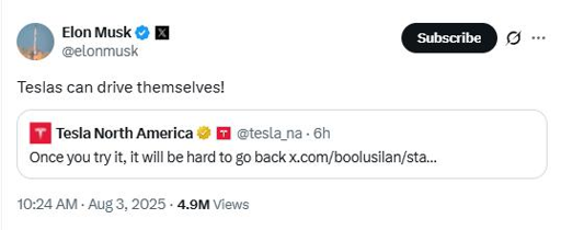 Elon Musk tweet: "Teslas can drive themselves!"

