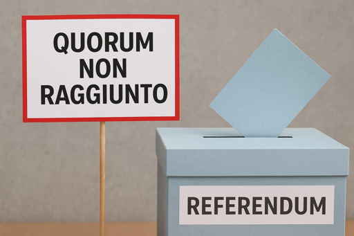 Un urna elettorale del referendum con accanto un cartello con la scritta "QUORUM NON RAGGIUNTO" 